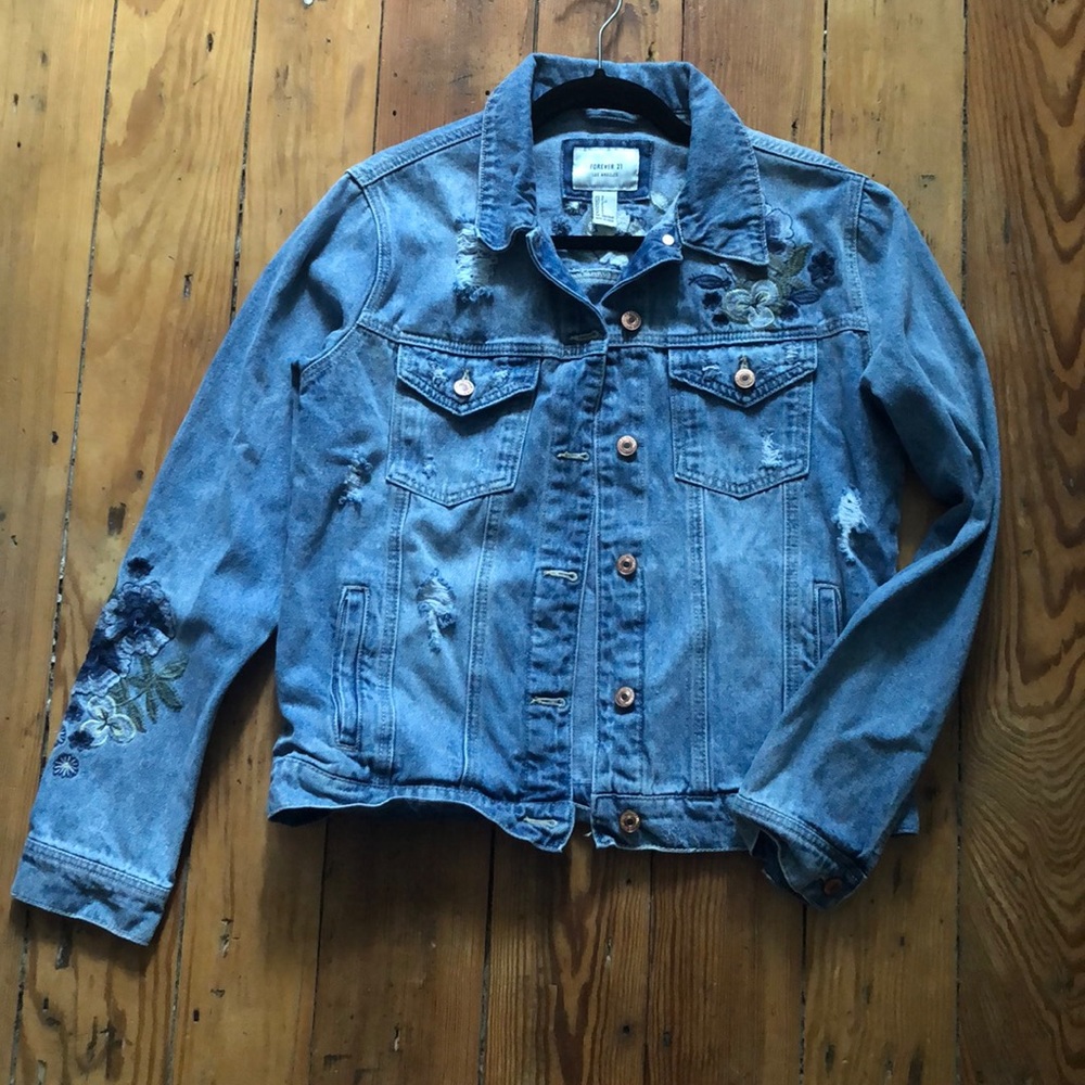 Forever 21 Denim Jean jacket floral accent - Picture 3 of 11